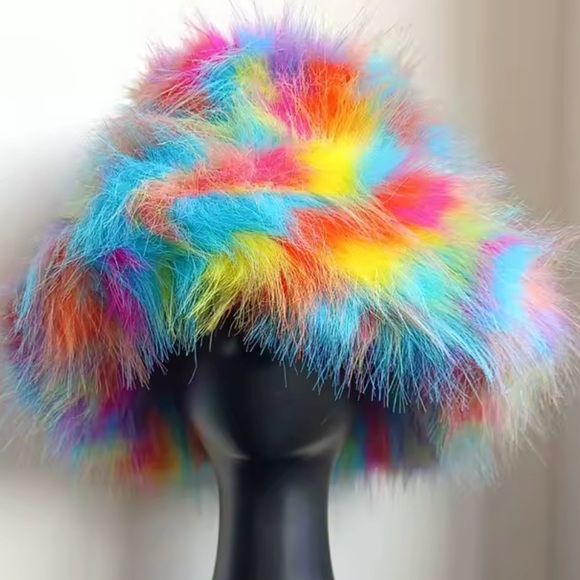 Nu Shuz Key West Other - Unisex Rainbow Marble Swirl Faux Fur Costume Y2K Rave Fuzzy Furry Bucket Hat